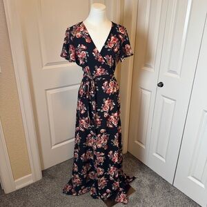Rokoko Floral Maxi Wrap Dress Woman’s Medium Pink and Black V Neck